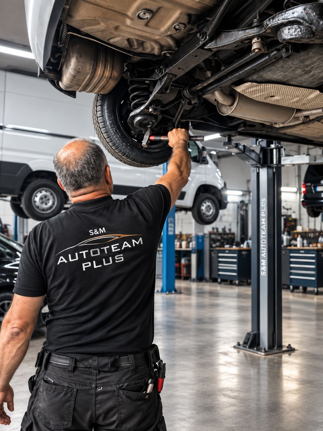 Arbeiten am Fahrzeug auf der Hebebühne
